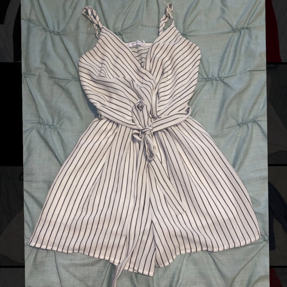 White Spaghetti Strap Romper with Black Lines